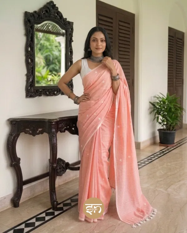 Maya_Motif:_Peach_Mul_Cotton_Saree_with_Jamdani_Buti_Motifs