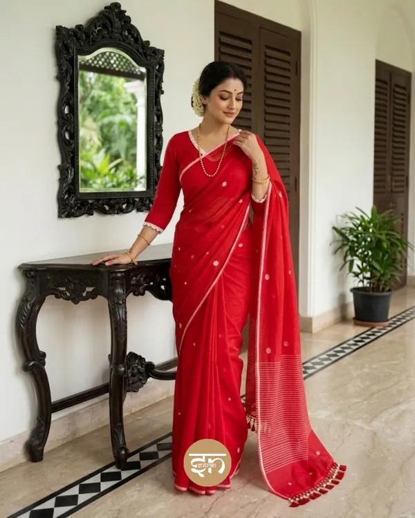 Maya_Motif:_Red_Mul_Cotton_Saree_with_Jamdani_Buti_Motifs