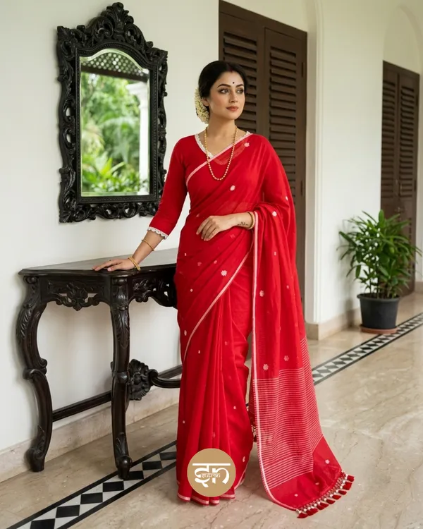 Maya_Motif:_Red_Mul_Cotton_Saree_with_Jamdani_Buti_Motifs
