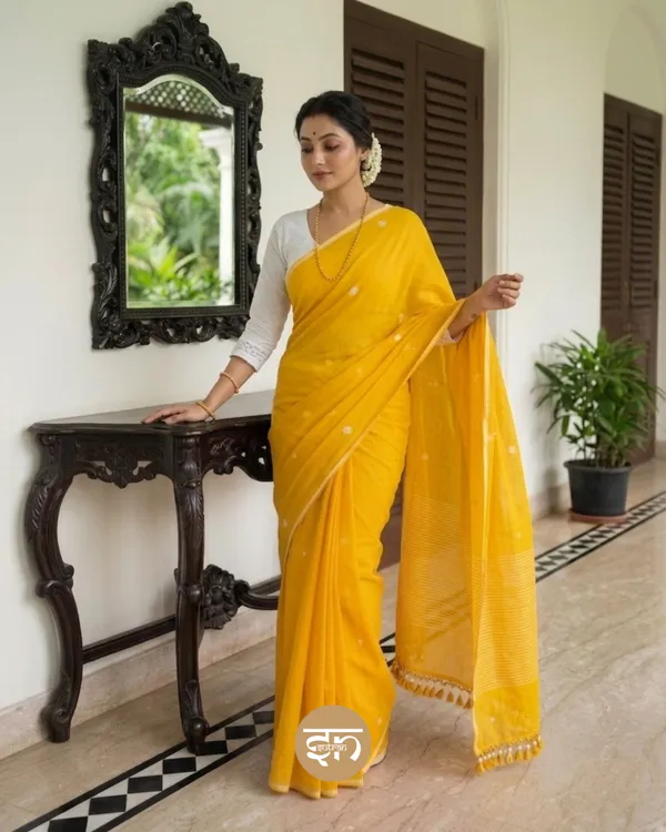 Maya_Motif:_Yellow_Mul_Cotton_Saree_with_Jamdani_Buti_Motifs