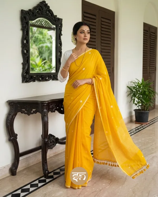 Maya_Motif:_Yellow_Mul_Cotton_Saree_with_Jamdani_Buti_Motifs