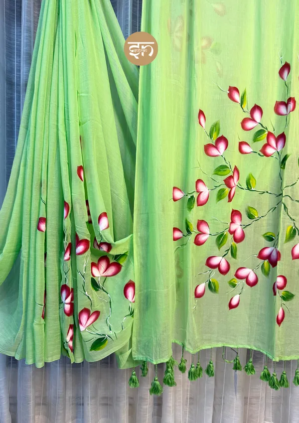 Ever_Blooming:_Green_&_Pink_Mul_Cotton_Saree_With_Hand-Painted_Work_For_Women