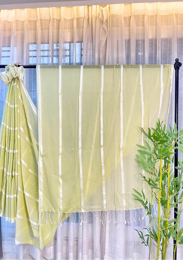 Sorol_Totini:_Lime_Green_&_White_Cotton_Blend_Saree_With_Thread_Work_For_Women