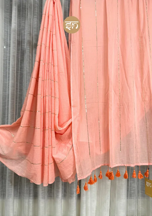 Jashn-E-Bahara:_Peach_&_Silver_Mul_Cotton_Saree_With_Sequin_Work_For_Women
