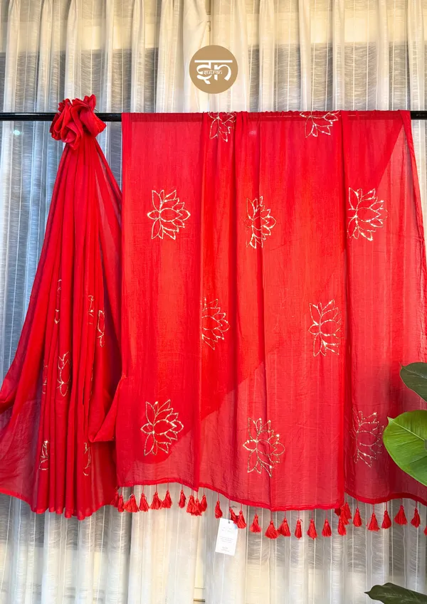 Swarnakamal:_Red_&_Golden_Mul_Cotton_Saree_With_Sequin_Work_For_Women