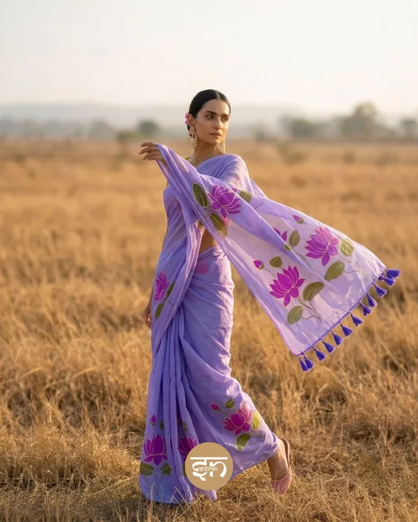 Kamalkari:_Lavender_Mul_Cotton_Saree_With_Hand-Painted_Work_For_Women