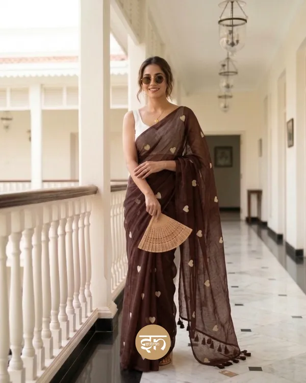 Dil_Dhadakne_Do:_Brown_&_White_Mul_Cotton_Saree_With_Embroidery_Work_For_Women
