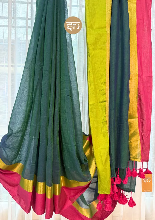 Anuragini:_Bottle_Green_Mul_Cotton_Saree_For_Women