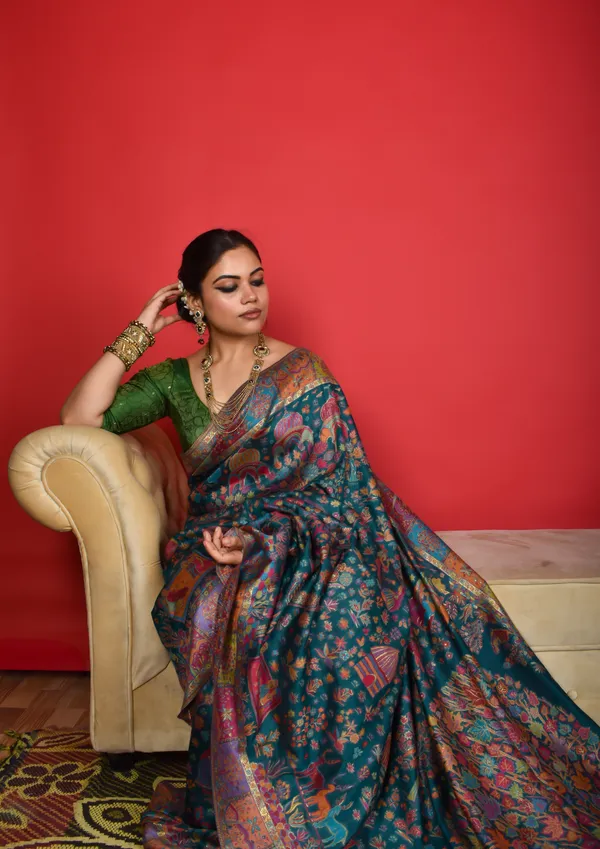 Rajwada_Durbar:_Jewel-toned_Emerald_Mulberry_silk_with_royal_Darbar_motifs_and_Chinar_trees