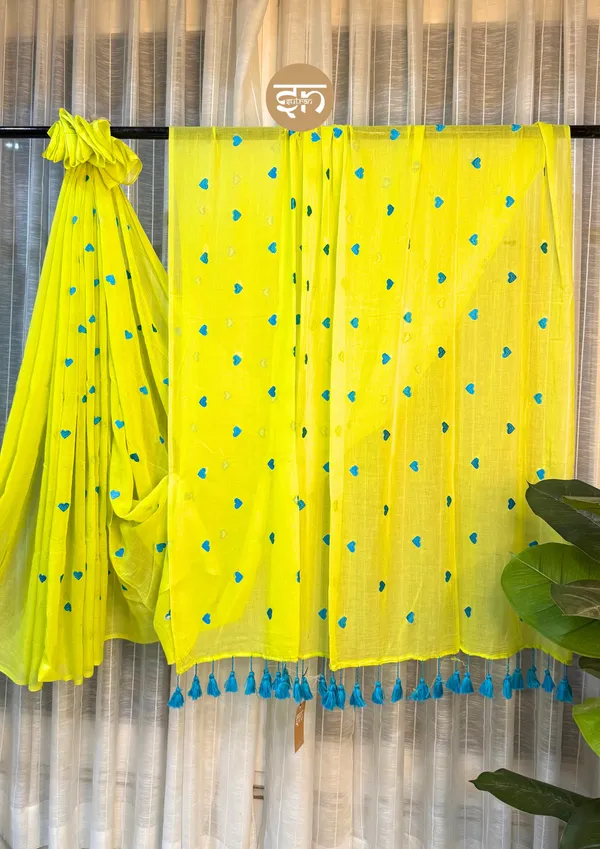 Dil_Dhadakne_Do:_Lime_Green_&_Turqoise_Mul_Cotton_Saree_With_Embroidery_Work_For_Women