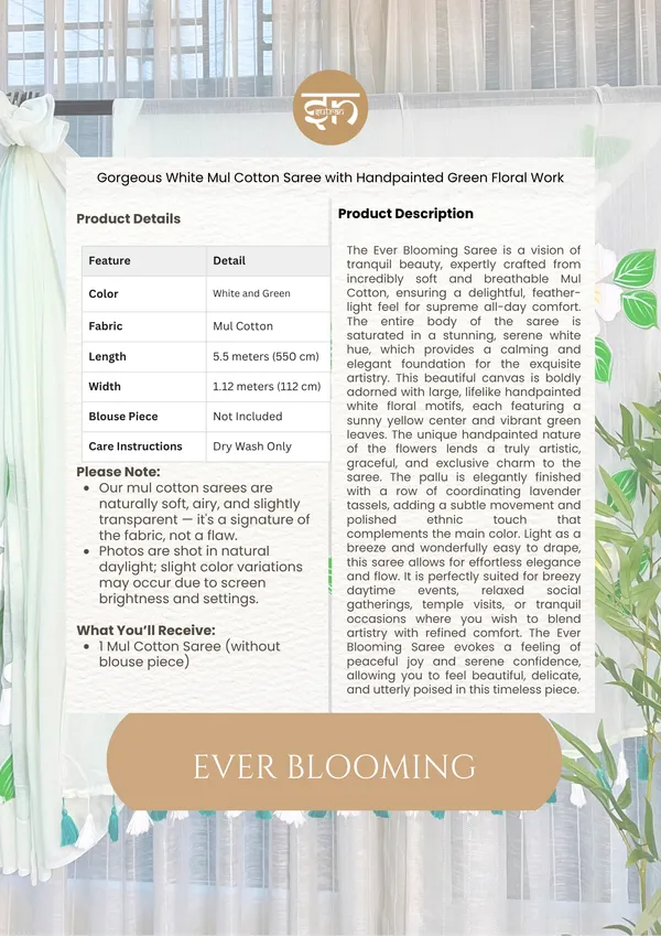 Ever_Blooming:_White_&_Green_Mul_Cotton_Saree_With_Hand-Painted_Work_For_Women