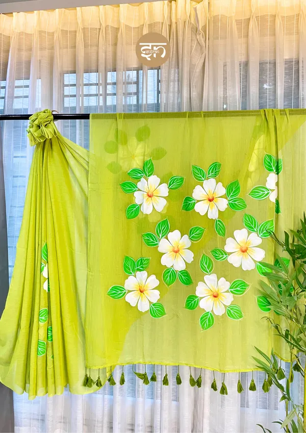 Ever_Blooming:_Green_&_White_Mul_Cotton_Saree_With_Hand-Painted_Work_For_Women
