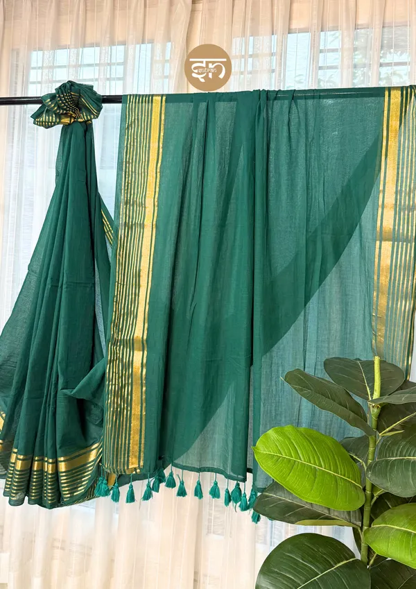 Anuragini:_Bottle_Green_&_Golden_Mul_Cotton_Saree_For_Women