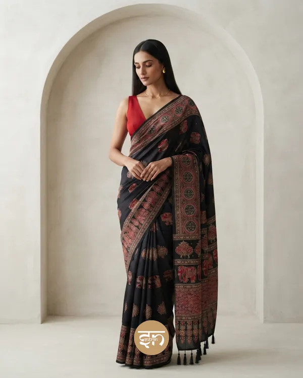 Sheesh_Chic:_Black_Japan_Satin_Saree_with_Detailed_Ajrakh_Print_with_Mirror_Work