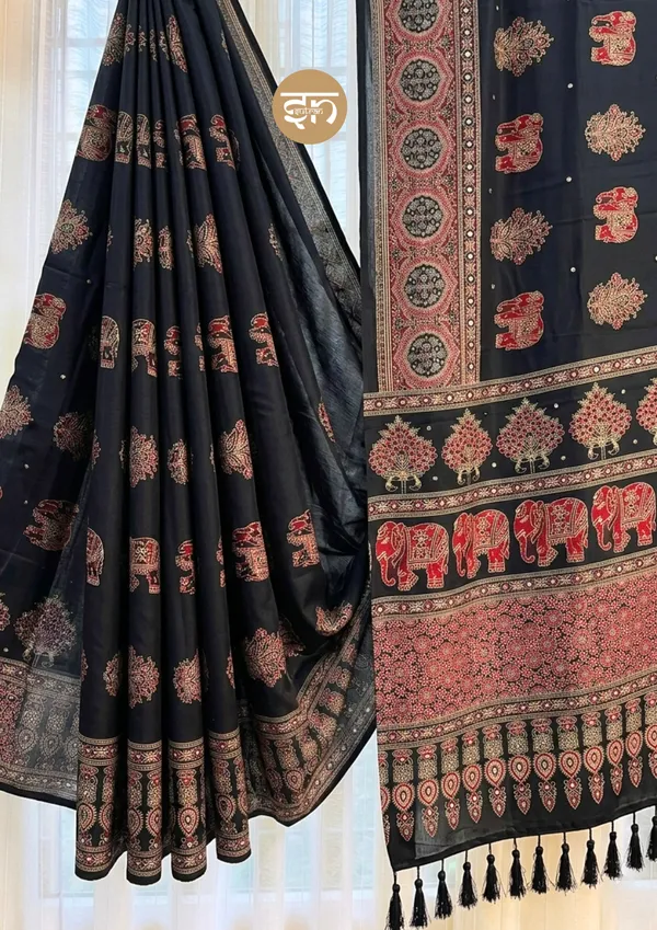 Sheesh_Chic:_Black_Japan_Satin_Saree_with_Detailed_Ajrakh_Print_with_Mirror_Work