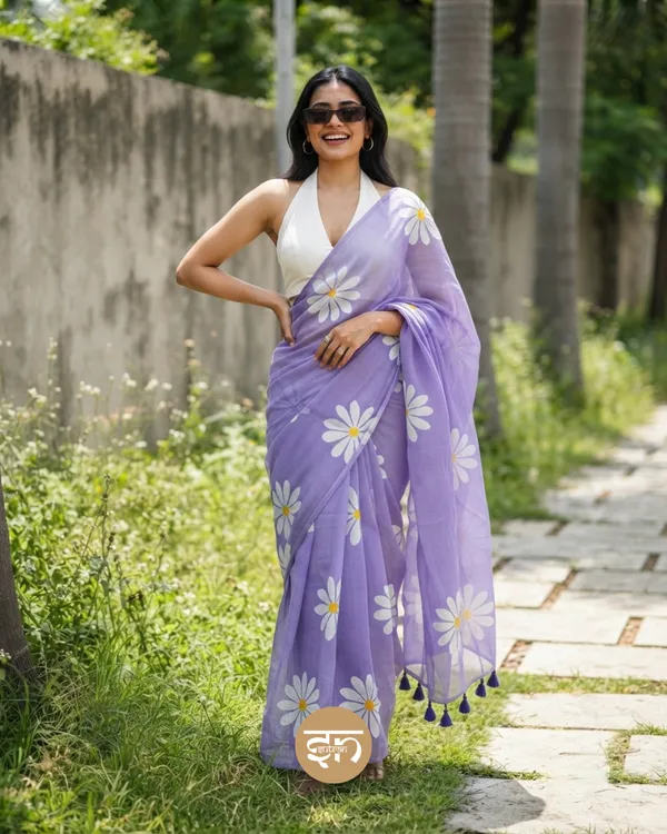 Daily_Daisy:_Lavender_&_White_Mul_Cotton_Saree_With_Hand-Painted_Work_For_Women