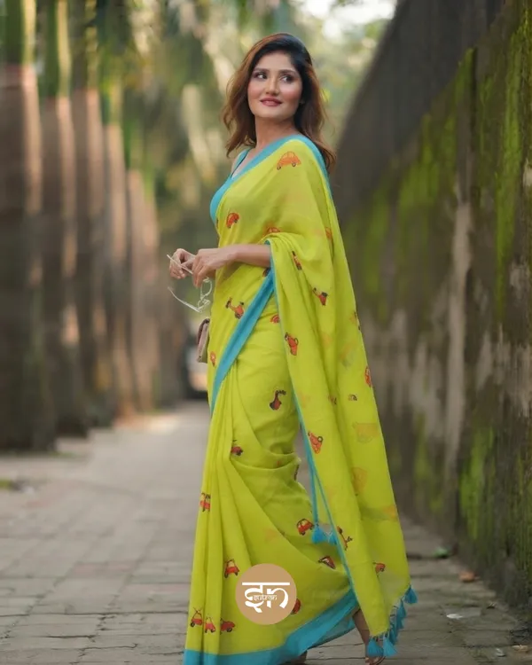 Raahi:_Lime_Green_Pure_Mul_Cotton_Saree_with_All-Over_Taxi_Scooty_Printed__Work