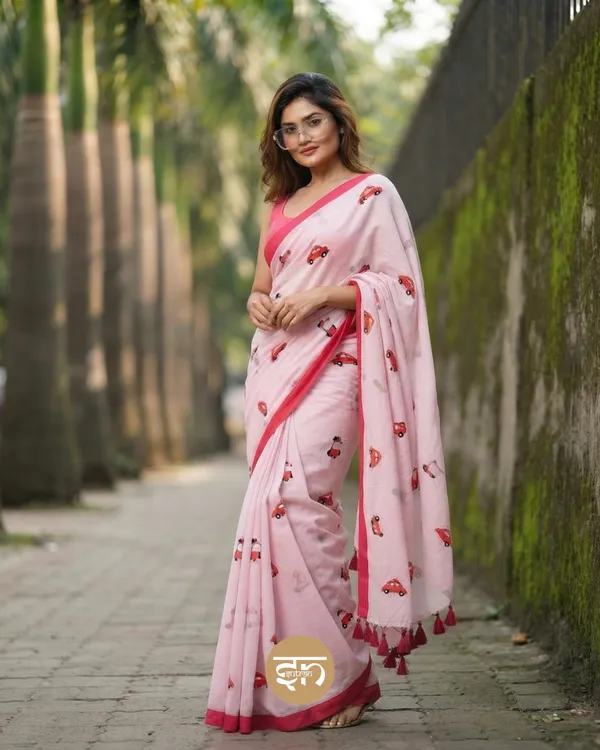 Raahi:_Pink_Pure_Mul_Cotton_Saree_with_All-Over_Taxi_Scooty_Printed__Work