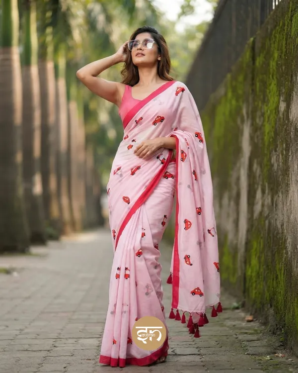 Raahi:_Pink_Pure_Mul_Cotton_Saree_with_All-Over_Taxi_Scooty_Printed__Work