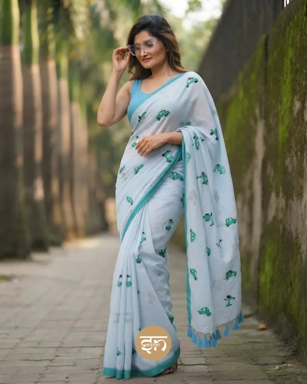 Raahi:_Sky_Blue_Pure_Mul_Cotton_Saree_with_All-Over_Taxi_Scooty_Printed__Work
