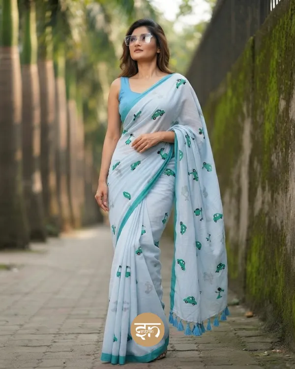 Raahi:_Sky_Blue_Pure_Mul_Cotton_Saree_with_All-Over_Taxi_Scooty_Printed__Work