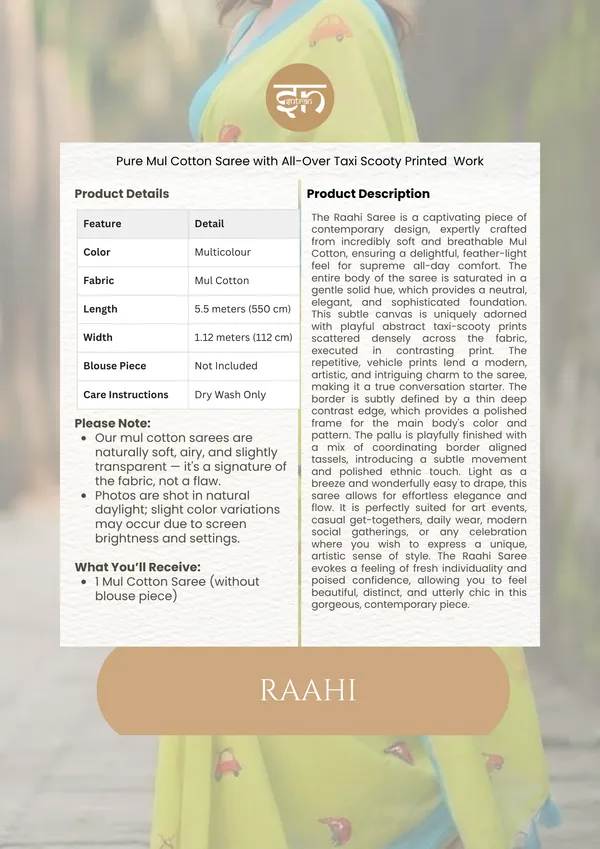 Raahi:_Yellow_Pure_Mul_Cotton_Saree_with_All-Over_Taxi_Scooty_Printed__Work