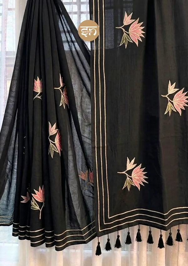 Gulbahar:_Black_Mul_Cotton_Saree_With_Embroidery_&_Sequin_Work_For_Women
