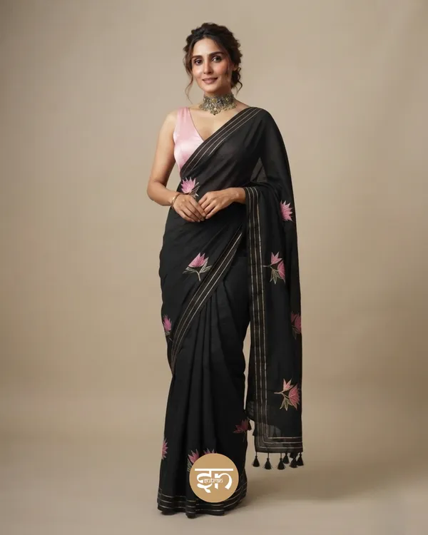 Gulbahar:_Black_Mul_Cotton_Saree_With_Embroidery_&_Sequin_Work_For_Women