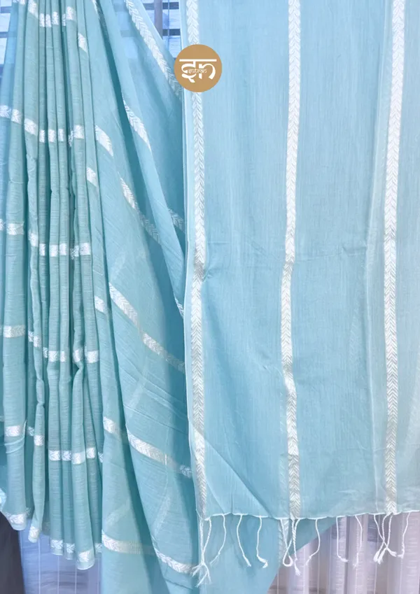 Sorol_Totini:_Sky_Blue_&_White_Cotton_Blend_Saree_With_Thread_Work_For_Women