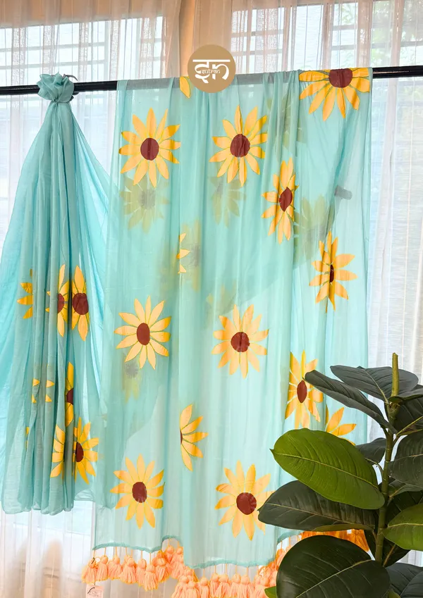 Suraj_Hua_Madhyam:_Sky_Blue_&_Yellow_Mul_Cotton_Saree_With_Hand-Painted_Work_For_Women