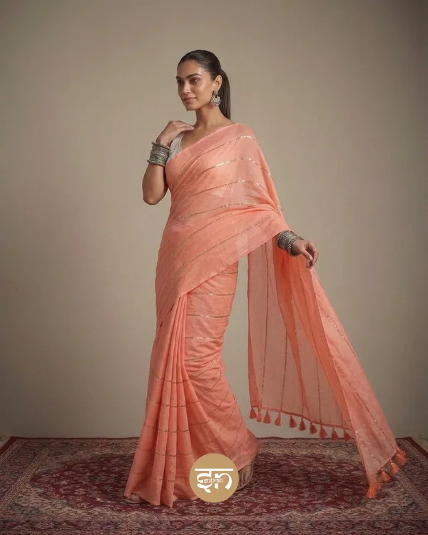Jashn-E-Bahara:_Peach_&_Silver_Mul_Cotton_Saree_With_Sequin_Work_For_Women