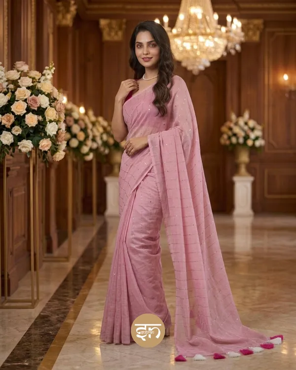 Sunehri_Sitare:_Baby_Pink_Mul_Cotton_Saree_With_Sequin_Work_For_Women