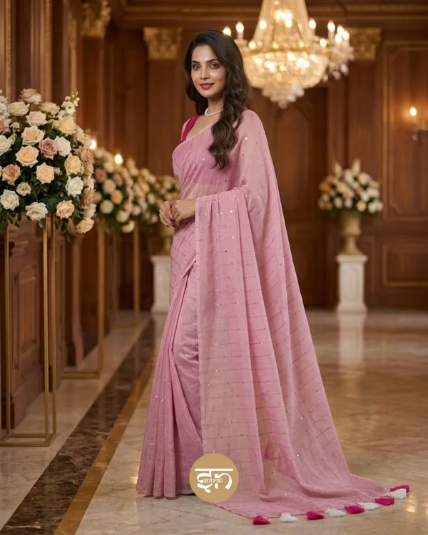 Sunehri_Sitare:_Baby_Pink_Mul_Cotton_Saree_With_Sequin_Work_For_Women
