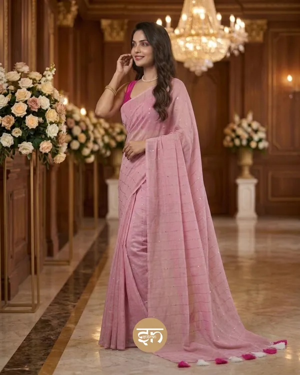 Sunehri_Sitare:_Baby_Pink_Mul_Cotton_Saree_With_Sequin_Work_For_Women