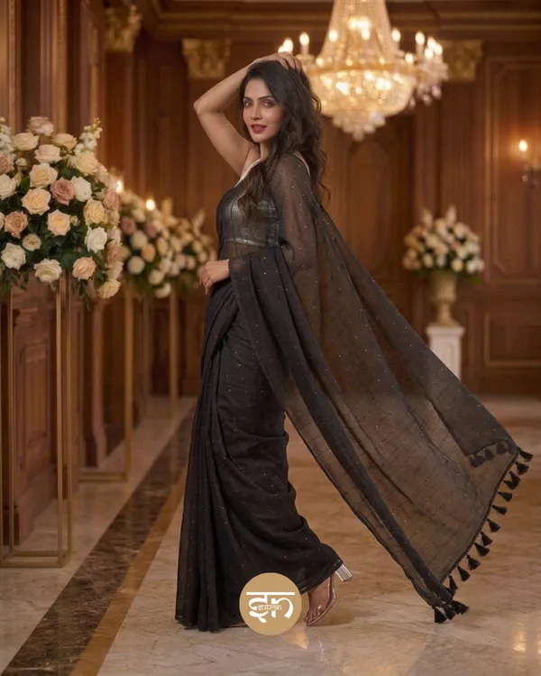 Sunehri_Sitare:_Black_Mul_Cotton_Saree_With_Sequin_Work_For_Women