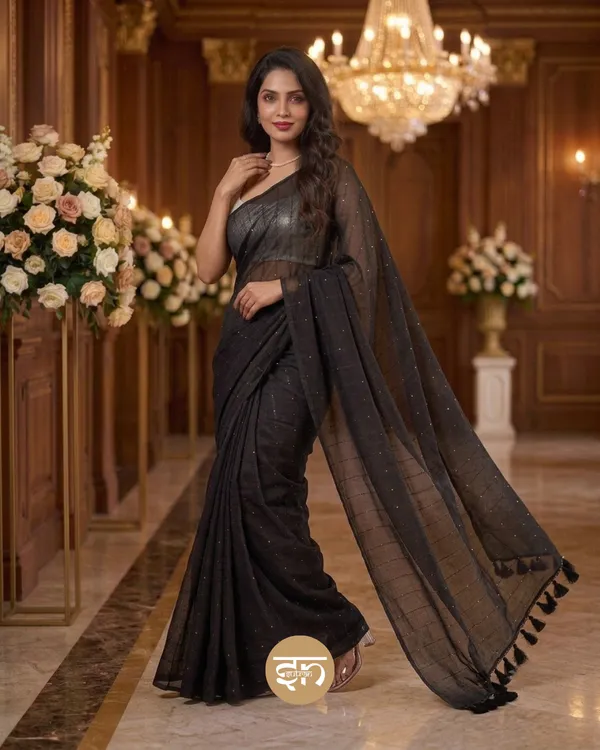 Sunehri_Sitare:_Black_Mul_Cotton_Saree_With_Sequin_Work_For_Women