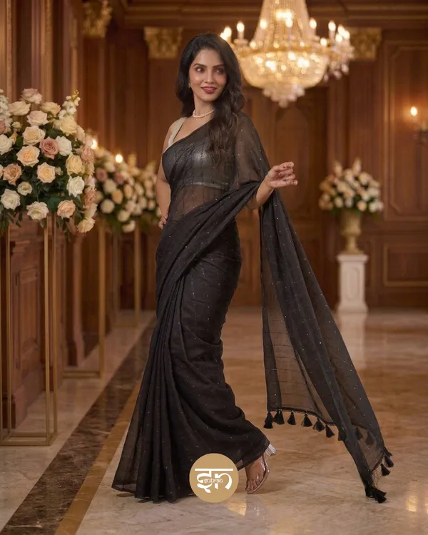 Sunehri_Sitare:_Black_Mul_Cotton_Saree_With_Sequin_Work_For_Women