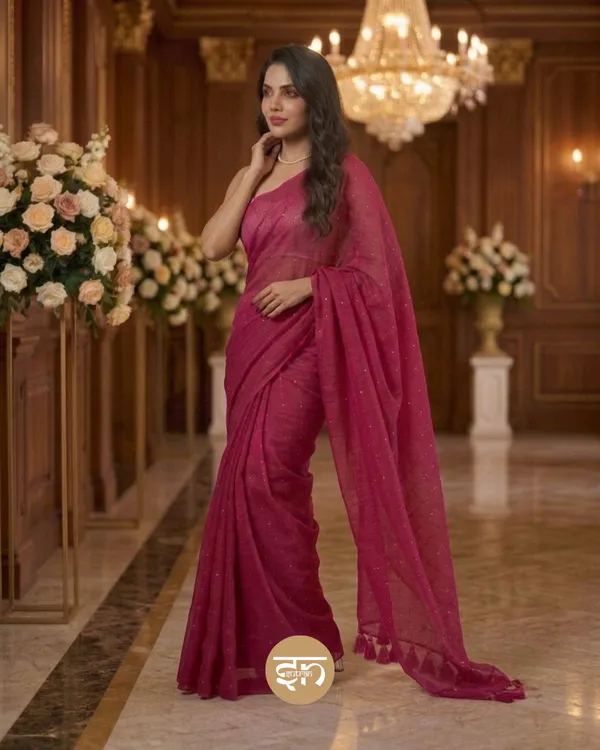 Sunehri_Sitare:_Dark_Pink_Mul_Cotton_Saree_With_Sequin_Work_For_Women
