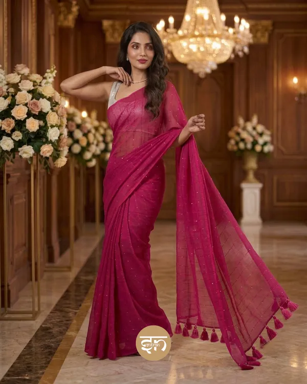 Sunehri_Sitare:_Dark_Pink_Mul_Cotton_Saree_With_Sequin_Work_For_Women