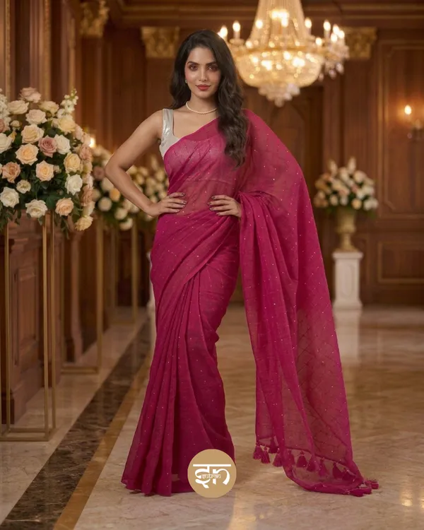 Sunehri_Sitare:_Dark_Pink_Mul_Cotton_Saree_With_Sequin_Work_For_Women