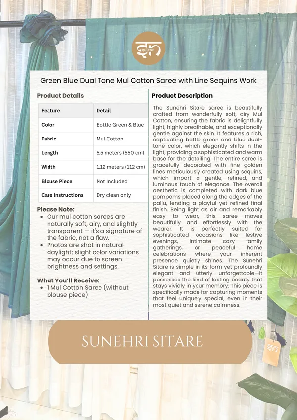 Sunehri_Sitare:_Green-Blue_Dual-Tone_Mul_Cotton_Saree_With_Sequin_Work_For_Women