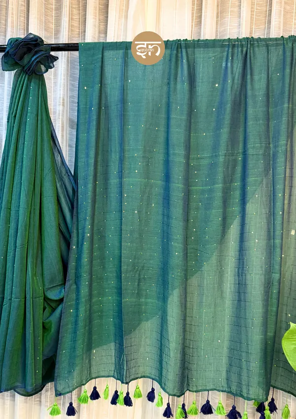Sunehri_Sitare:_Green-Blue_Dual-Tone_Mul_Cotton_Saree_With_Sequin_Work_For_Women