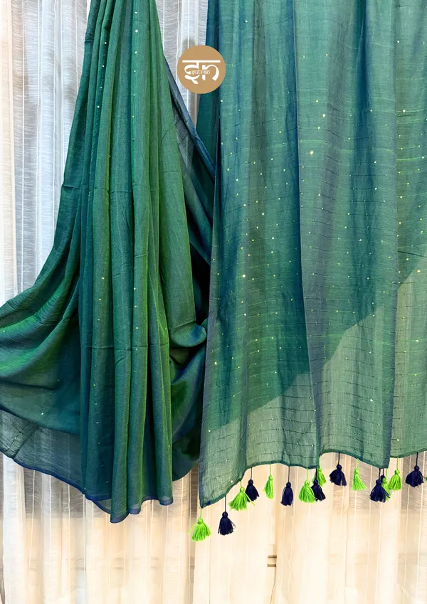 Sunehri_Sitare:_Green-Blue_Dual-Tone_Mul_Cotton_Saree_With_Sequin_Work_For_Women