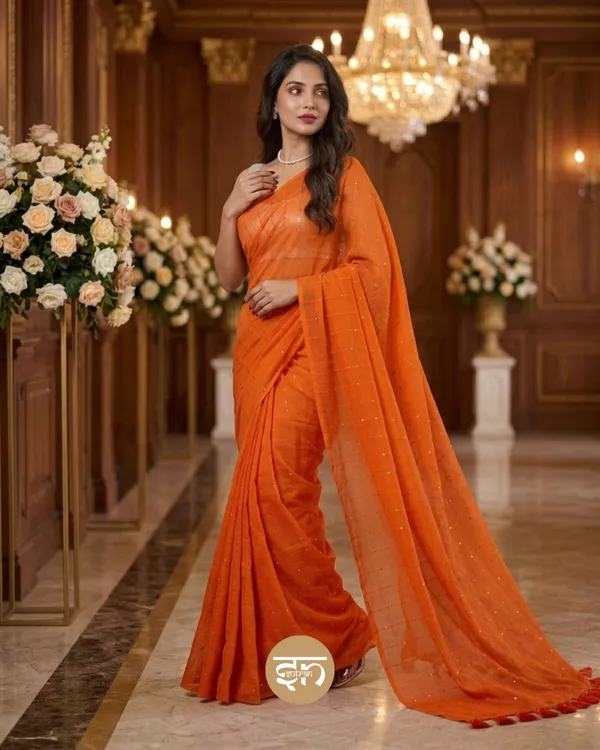 Sunehri_Sitare:_Orange_Mul_Cotton_Saree_With_Sequin_Work_For_Women