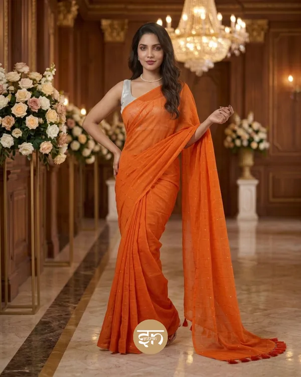 Sunehri_Sitare:_Orange_Mul_Cotton_Saree_With_Sequin_Work_For_Women
