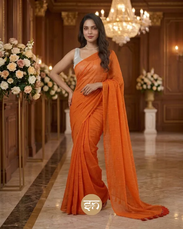 Sunehri_Sitare:_Orange_Mul_Cotton_Saree_With_Sequin_Work_For_Women