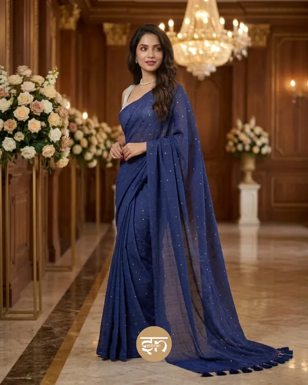 Sunehri_Sitare:_Royal_Blue_Mul_Cotton_Saree_With_Sequin_Work_For_Women