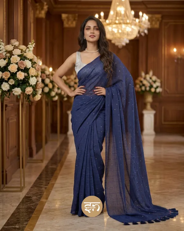 Sunehri_Sitare:_Royal_Blue_Mul_Cotton_Saree_With_Sequin_Work_For_Women
