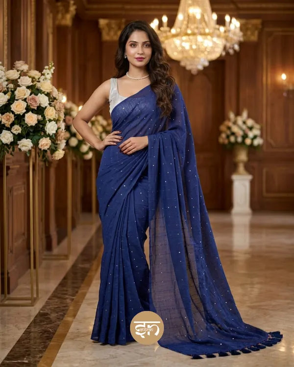 Sunehri_Sitare:_Royal_Blue_Mul_Cotton_Saree_With_Sequin_Work_For_Women