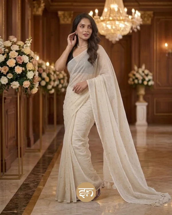 Sunehri_Sitare:_White_Mul_Cotton_Saree_With_Sequin_Work_For_Women